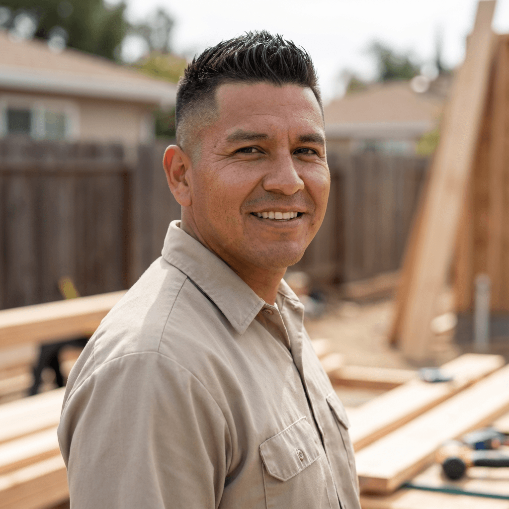 Smiling homeowner in a casual shirt standing by a new window