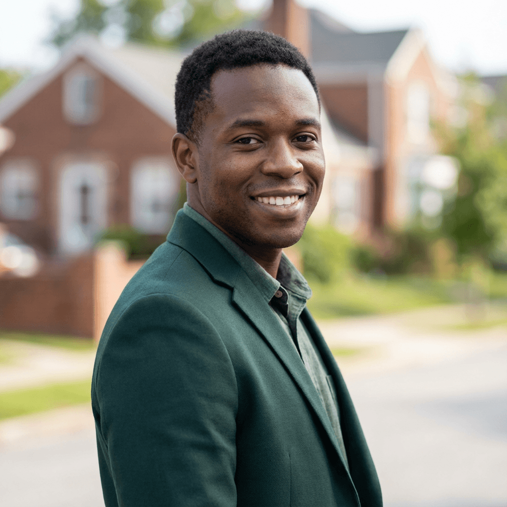 Male property manager in his early 40s, Black, professional practical demeanor