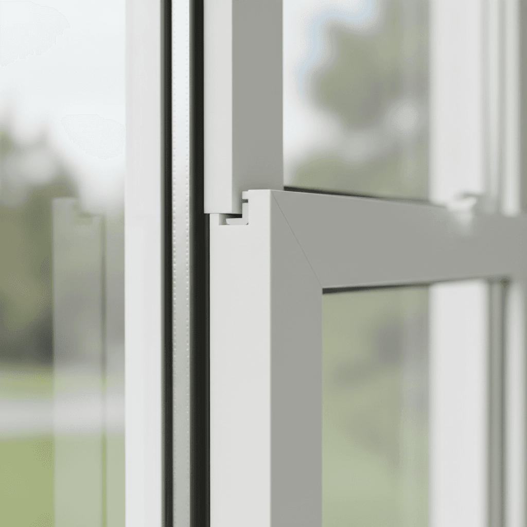 Close-up of a white vinyl window frame