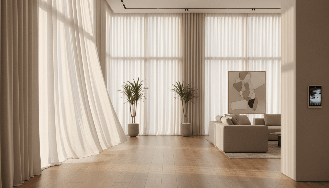 Large picture window overlooking a backyard with light curtains