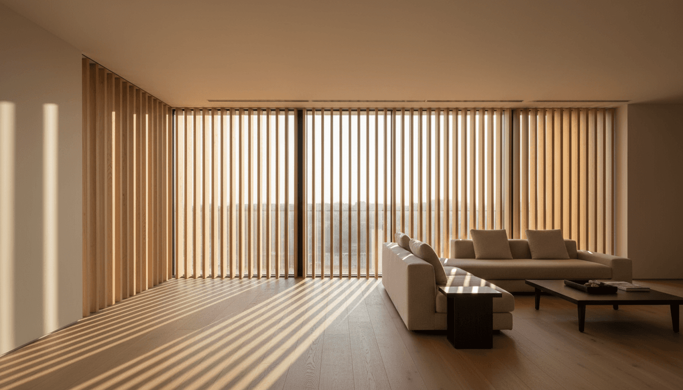 White double-hung window with blinds in a bright interior