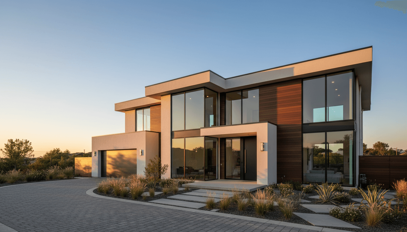 Modern home exterior with new black-framed windows and clean siding
